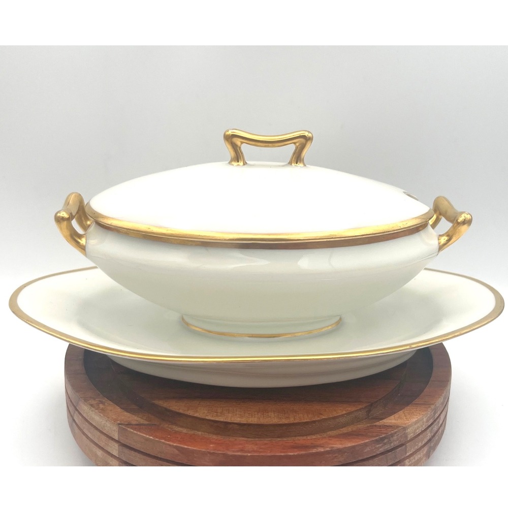 Antique Elite Works Limoges France Lidded Gravy Boat White Gold Trim 
Victorian